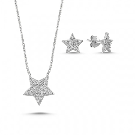 Seturi - Set argint 925 placat cu rodiu, colier Stea cu zirconiu alb 43 cm, pandant 11 mm si cercei 7 mm