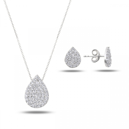 Seturi - Set argint 925 placat cu rodiu, colier Teardrop cu zirconiu alb 43 cm, pandant 10 mm si cercei 7 mm