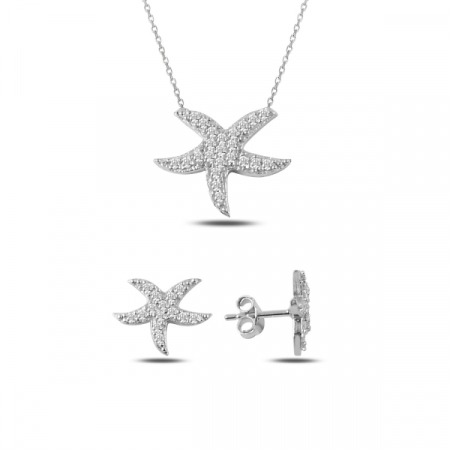Seturi - Set argint 925 placat cu rodiu, colier Stea de mare cu zirconiu alb 43 cm, pandant 12 mm si cercei 10 mm