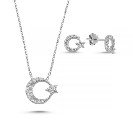 Seturi - Set argint 925 placat cu rodiu, colier Star and Crescent cu zirconiu alb 43 cm, pandant 12 mm si cercei 9 mm