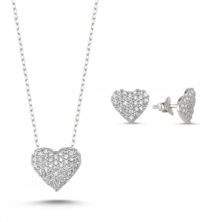 Seturi - Set argint 925 placat cu rodiu, colier Inima cu zirconiu alb 43 cm, pandant 12 mm si cercei 1 mm