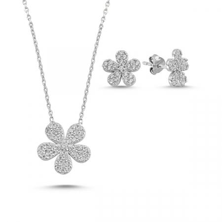 Seturi - Set argint 925 - placat cu rodiu, colier 40 cm si cercei 10 mm - White zirconia  Flower
