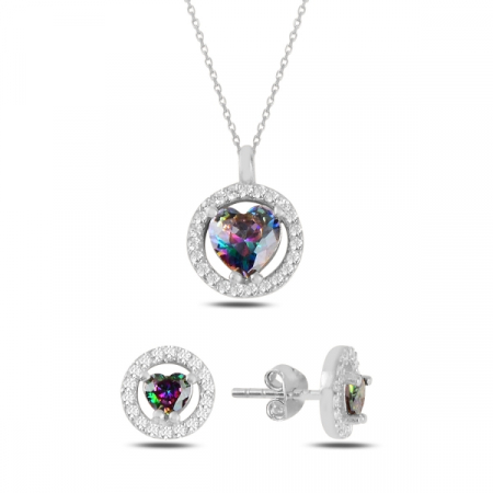 Seturi - Set argint 925 placat cu rodiu, colier Halo And Heart 40 cm, pandant 10 mm si cercei 7 mm Zirconiu