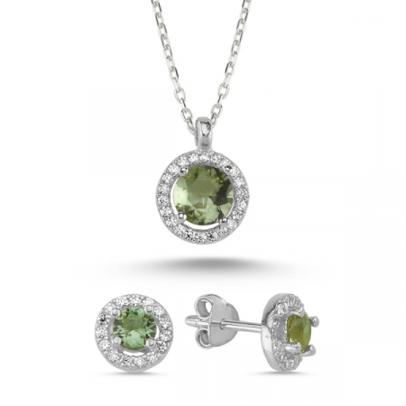 Zultanite collection - Set argint 925 placat cu rodiu, colier Round Solitare Zultanit 40 cm, pandant 10 mm si cercei 7 mm