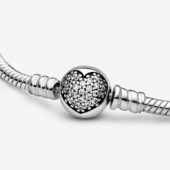 Bratara pentru talismane compatibile Pandora din Argint 925 – Sparkling Heart Clasp Snake 17 cm, Bijuterii Nadiela [4]