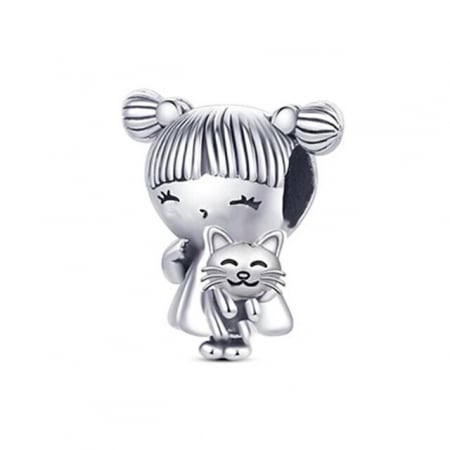 Talismane cu animale - Talisman Argint 925, Charm compatibil Pandora – Girl with Cat, Bijuterii Nadiela