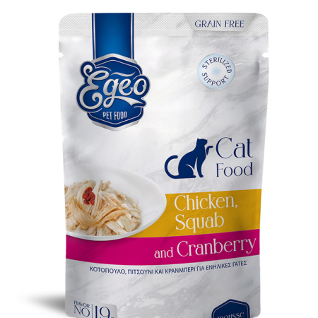 Hrana umeda - EGEO Cat Sterilised Pui, Porumbel & Merisor Mousse 85g