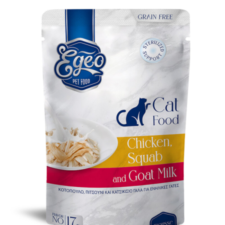 PRODUSE - EGEO Cat Sterilised cu Pui, Porumbel & Lapte de Capra Mousse 85g