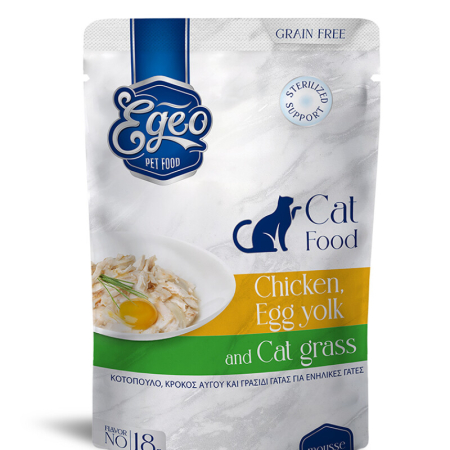 Recompense și snackuri - EGEO Cat Sterilised cu Pui, Galbenus & Catnip Mousse 85g