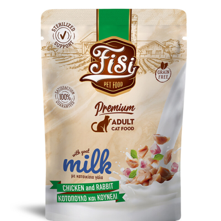 Recompense și snackuri - FISI Cat Adult Pui, Iepure & Lapte de Capra in Sos 85g
