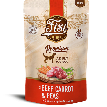 Hrana umeda - FISI Dog Adult cu Vita, Morcov & Mazare in Sos 130gr