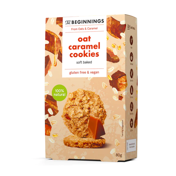 Alimente - Cookies din ovaz cu caramel, vegan, fara gluten, The Beginnings, 80g