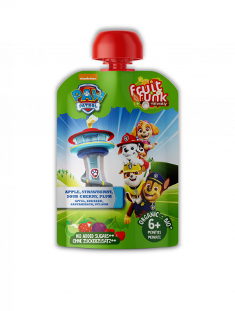 Alimente vegane - Piure din fructe cu mar, capsuni, visine, prune, 6 luni+, Paw Patrol, BIO, 90g.