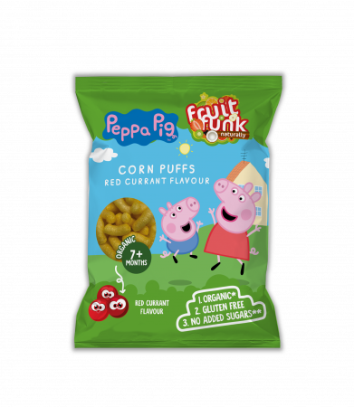 Alimente vegane - Pufuleti cu aroma de coacaze rosii si adaos de vitamina B1, Peppa Pig, BIO, 7luni+, 50g