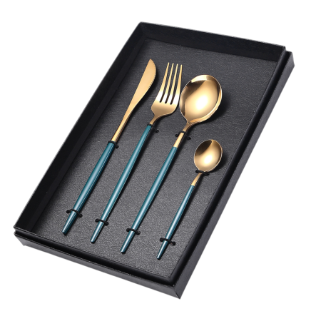 Ustensile de bucatarie - Set tacamuri inox albastru-auriu 4 piese