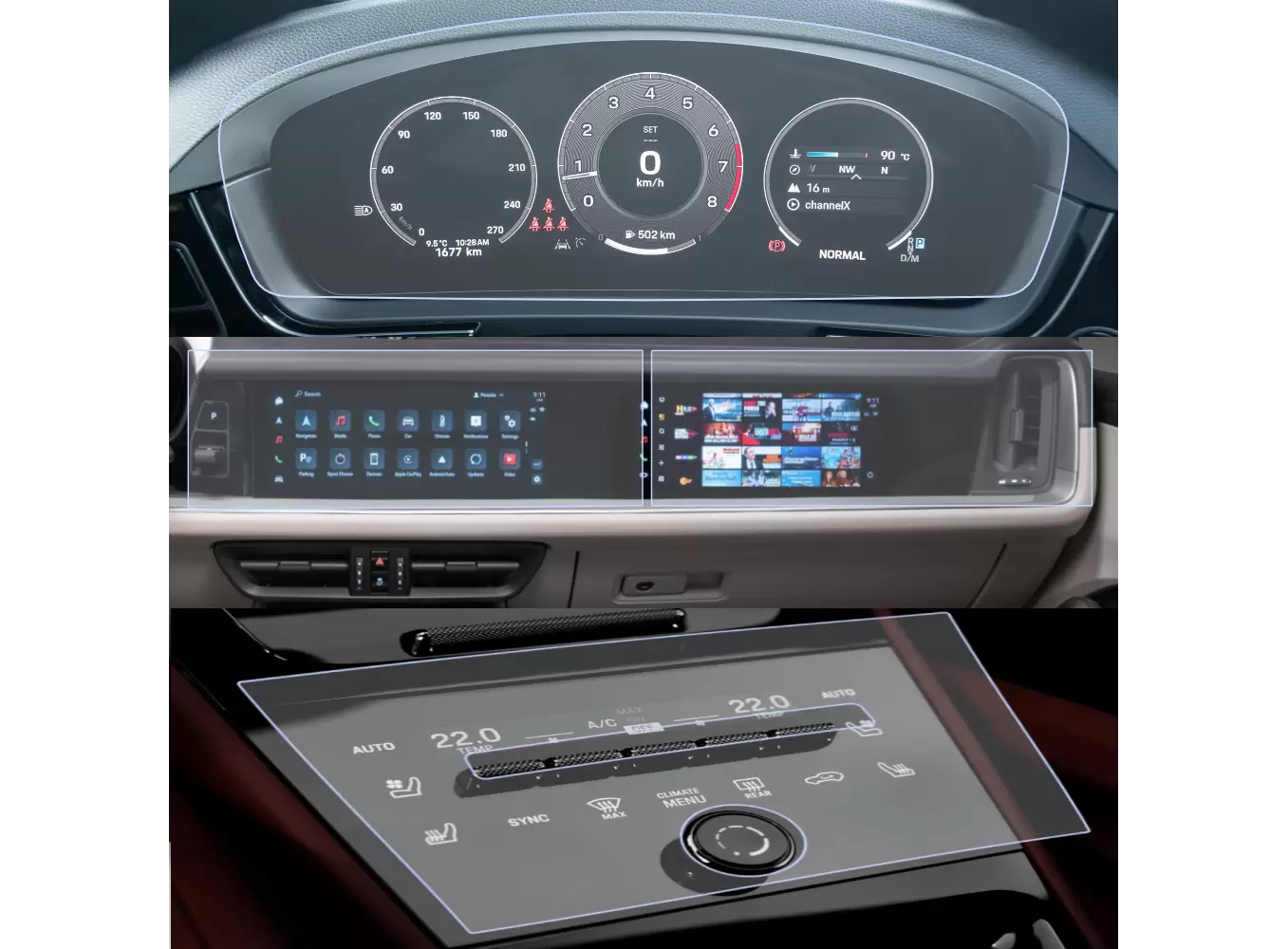 Folii de Protectie Navigatii Auto - Set Folii de protectie pentru Display bord, ceasuri si trapez, Porsche Cayenne 2023+