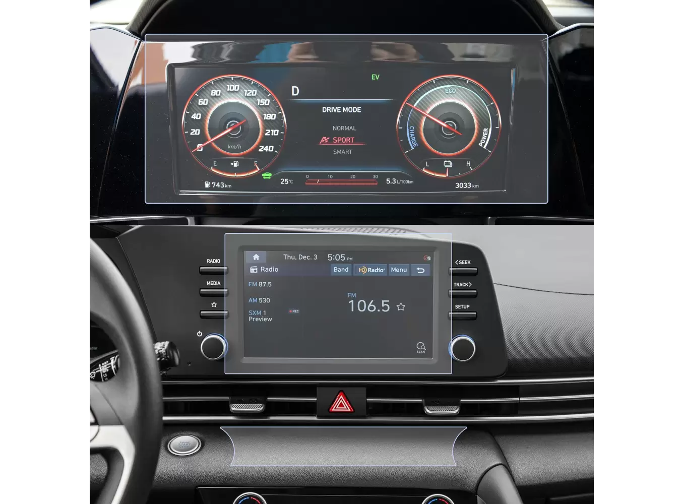 Folii de Protectie Navigatii Auto - Set folii de protectie pentru Navigatie, Ceasuri de bord si AC, Hyundai Elantra 2021+