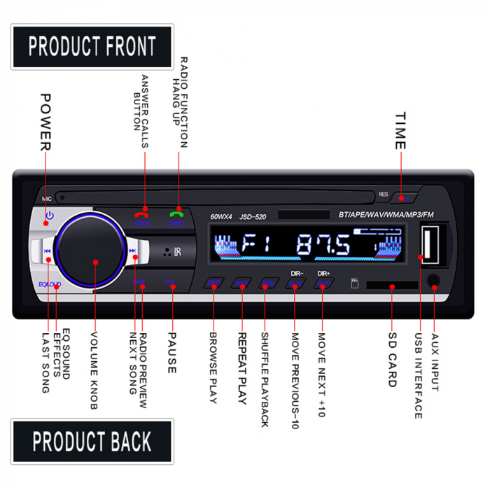 Radio MP3 player auto , 4x60W, 1 DIN cu SD, USB, AUX, RCA, Bluetooth [6]