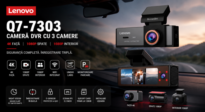 Camera DVR Lenovo Q7 cu 3 camere 4K fata si 1080 spate si 1080 interior ecran 3.2 inch IPS Wifi unghi larg monitorizare parcare [2]
