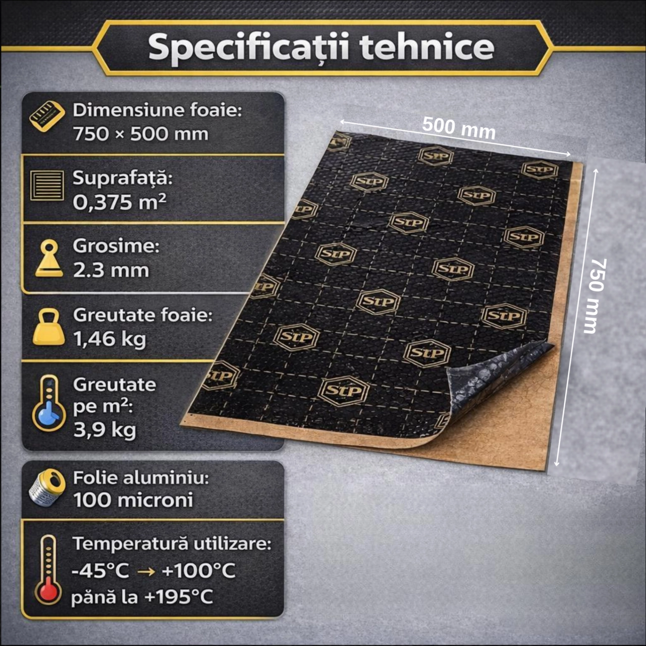 Insonorizant auto Premium STP Black Gold, 2.3mm, 750x500mm, Foaie [3]
