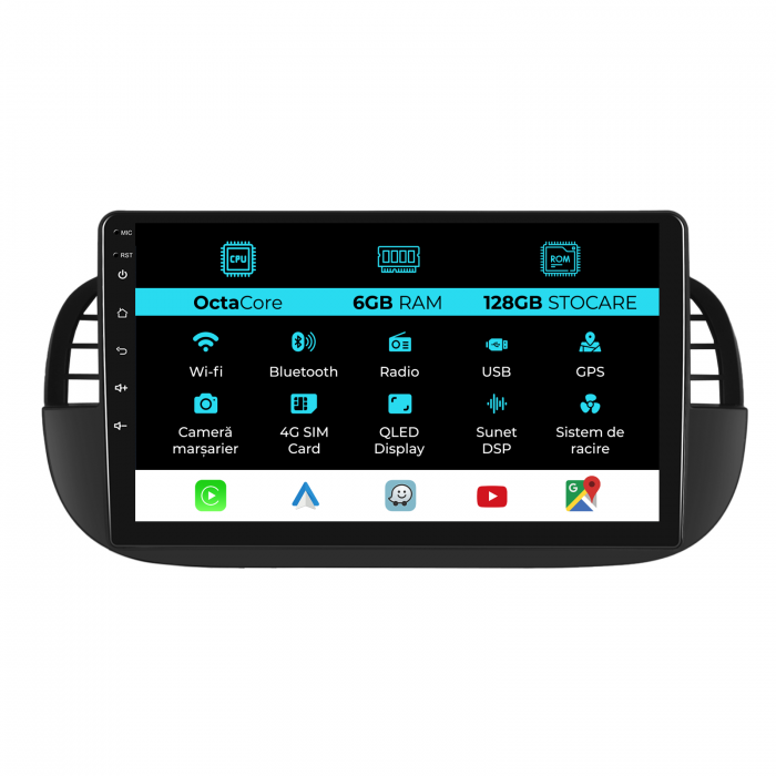 Navigatie Dedicata Fiat 500 (2007 - 2015), 9Inch, 6Gb Ram, 128Gb Stocare, Bluetooth, WiFi, Carplay [1]