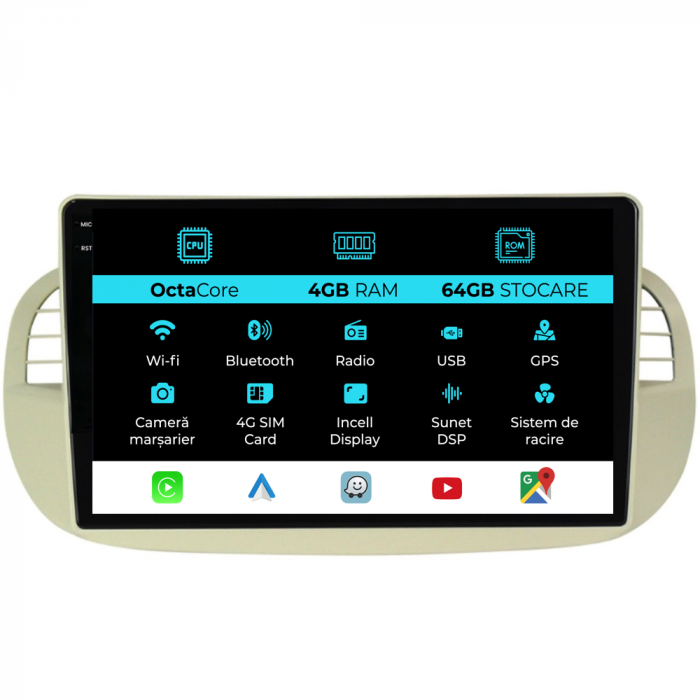 Navigatie Dedicata Fiat 500 (2007-2015), 9Inch, 4Gb Ram, 64Gb Stocare, Carplay [1]