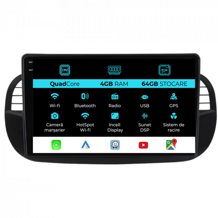 Navigatie Dedicata Fiat 500 (2007-2015), 9Inch,QuadCore, 4Gb Ram, 64Gb Stocare, Carplay [1]