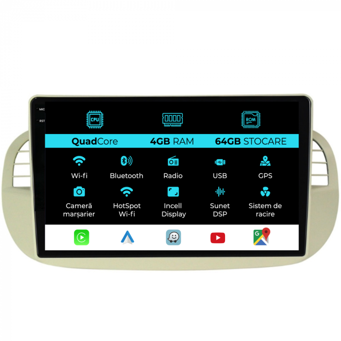 Navigatie Dedicata Fiat 500 (2007-2015), 9Inch,QuadCore, 4Gb Ram, 64Gb Stocare, Carplay [1]