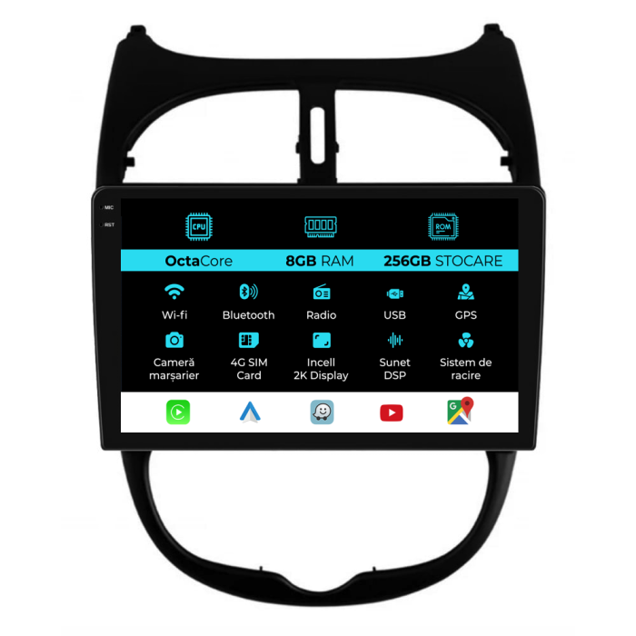 Navigatie Dedicata Peugeot 206 (2001-2008), 2K, 8Gb Ram, 256Gb Stocare, Carplay [1]