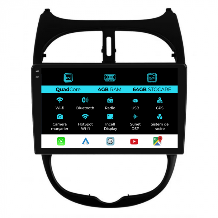 Navigatie Dedicata Peugeot 206 (2001-2008),QuadCore, 9Inch, 4Gb Ram, 64Gb Stocare, Carplay [1]