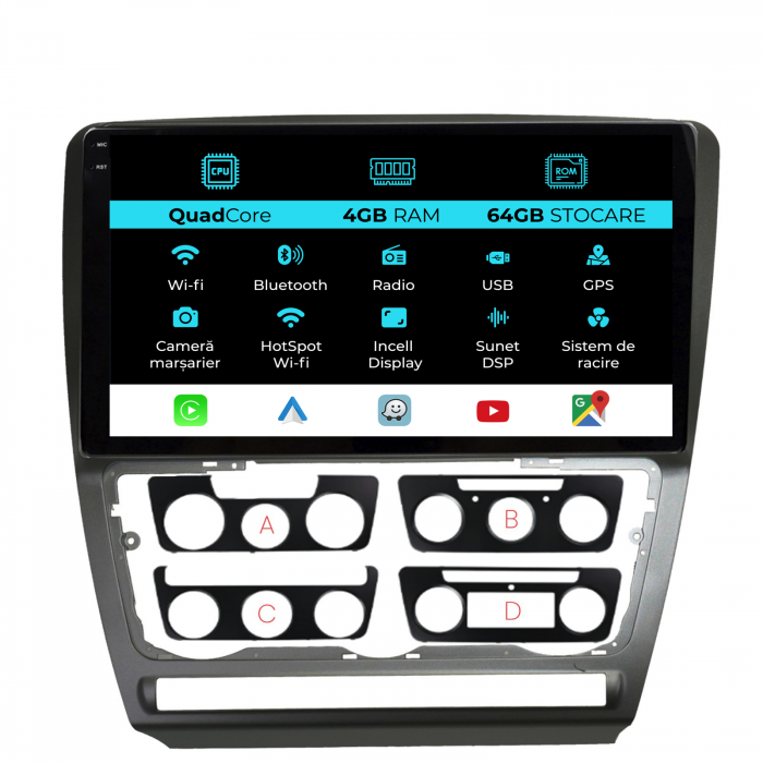 Navigatie Dedicata Skoda Octavia 2 (2004-2013), 10Inch,QuadCore, 4Gb Ram, 64Gb Stocare, Carplay [1]