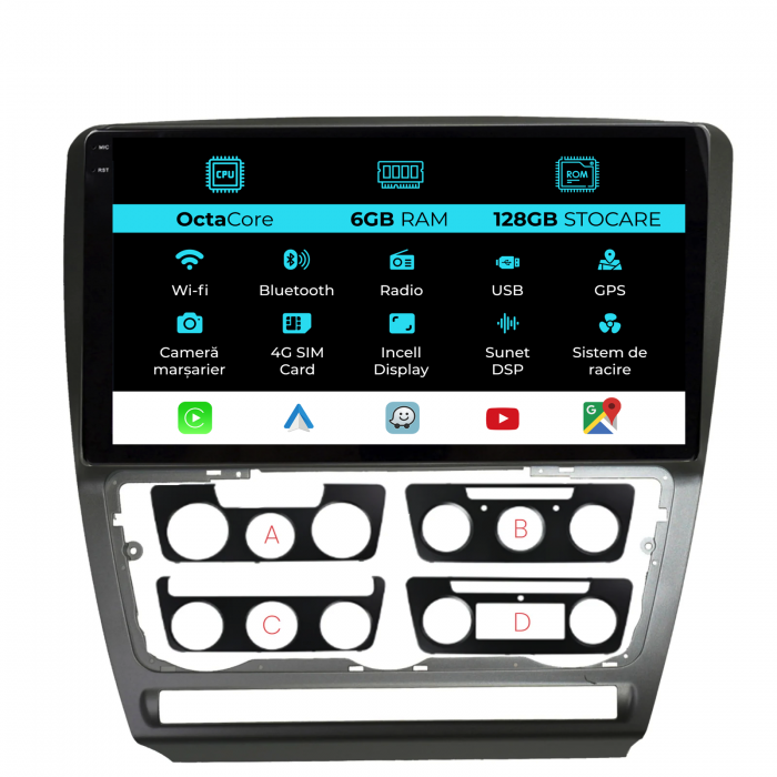 Navigatie Dedicata Skoda Octavia 2 (2004-2013), 10Inch, 6Gb Ram, 128Gb Stocare, Carplay [1]