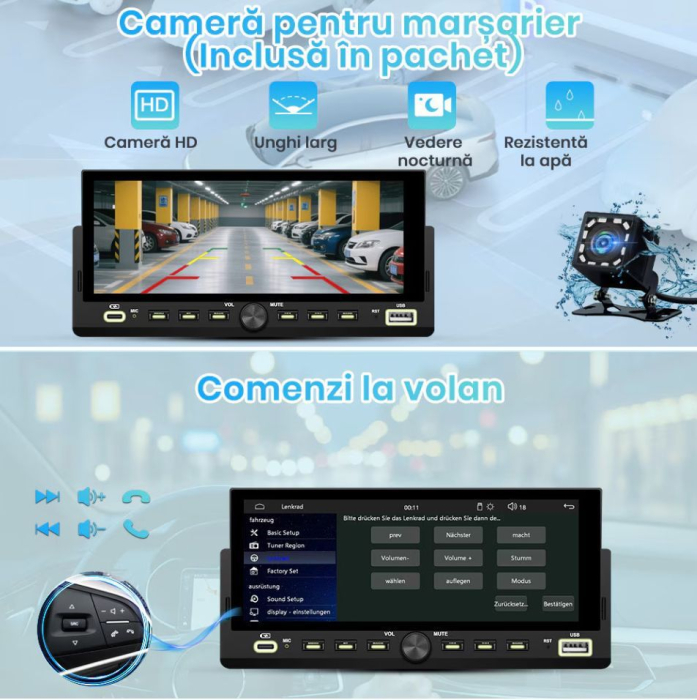 Navigatie universala 1DIN CarPlay & Android Auto Wireless Bluetooth MP5 [6]