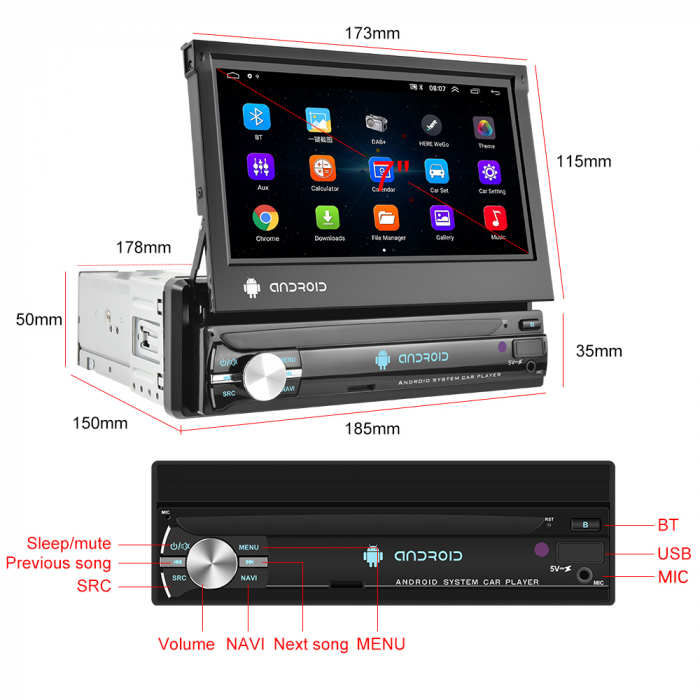 Navigatie Universala Android 1DIN, Ecran Retractabil ,2Gb Ram, 64Gb stocare, Bluetooth, WiFi, Waze, Youtube [6]