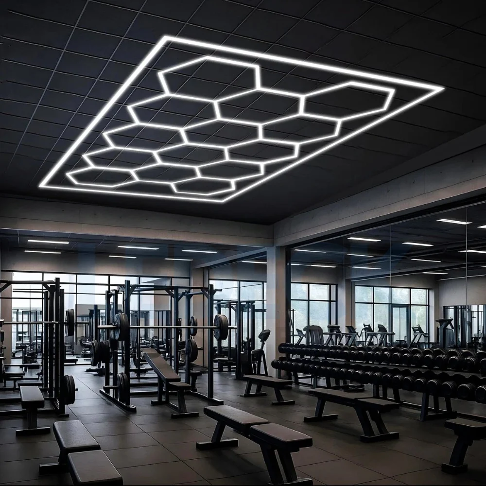 Lumini Hexagoane Modulare - Lumină LED Hexagonală – 14 Module + Rama 484x243CM – Sală Fitness, Gym, Studio Antrenamente Profesionale