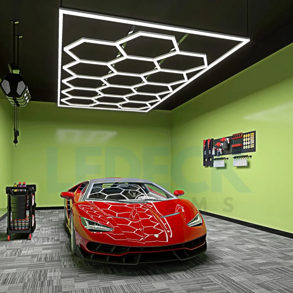 Lumini Hexagoane Modulare - Lumină LED Hexagonală 14 Module + Rama pentru Garaj 484x243 cm – Iluminare Puternică 672W Honeycomb