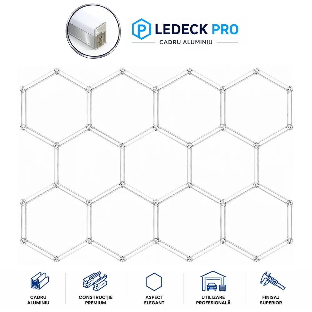 Lumini Hexagoane Modulare - Lumină LED Hexagonală Profesională Aluminiu - 11 Module 440mm 236x329CM - Service Auto, Detailing, Ateliere, Spații Comerciale