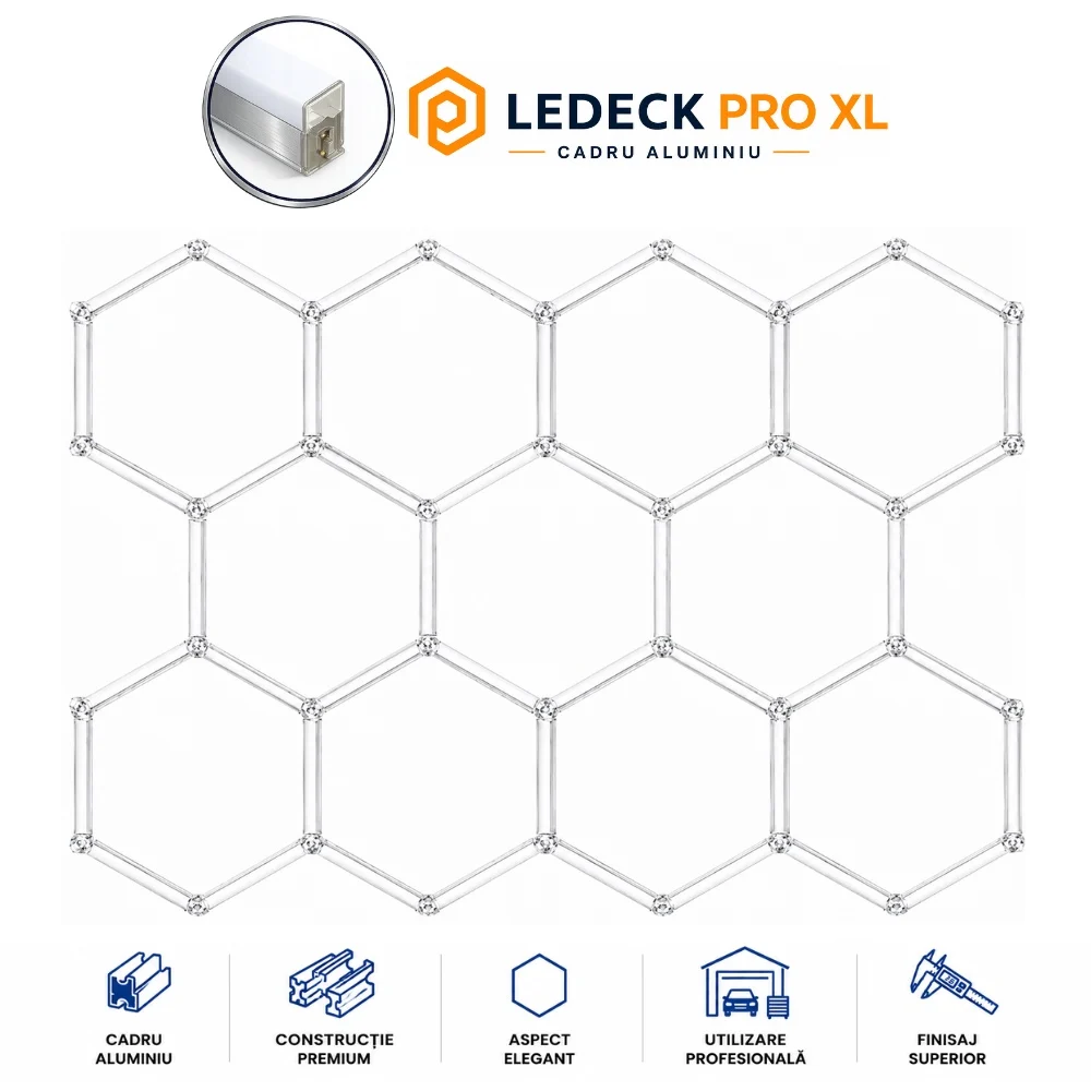 Lumini Hexagoane Modulare - Lumină LED Hexagonală Profesională Aluminiu - 11 Module 568mm 299x415CM - Service Auto, Detailing, Ateliere, Spații Comerciale