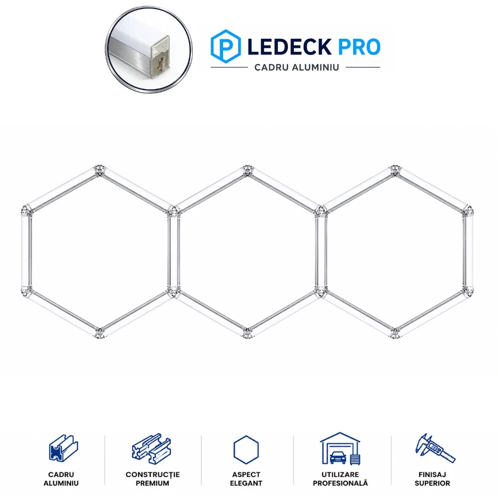 Lumini Hexagoane Modulare - Lumină LED Hexagonală Profesională Aluminiu– 3 Module 440mm 98x244CM – Service Auto, Detailing, Ateliere, Spații Comerciale
