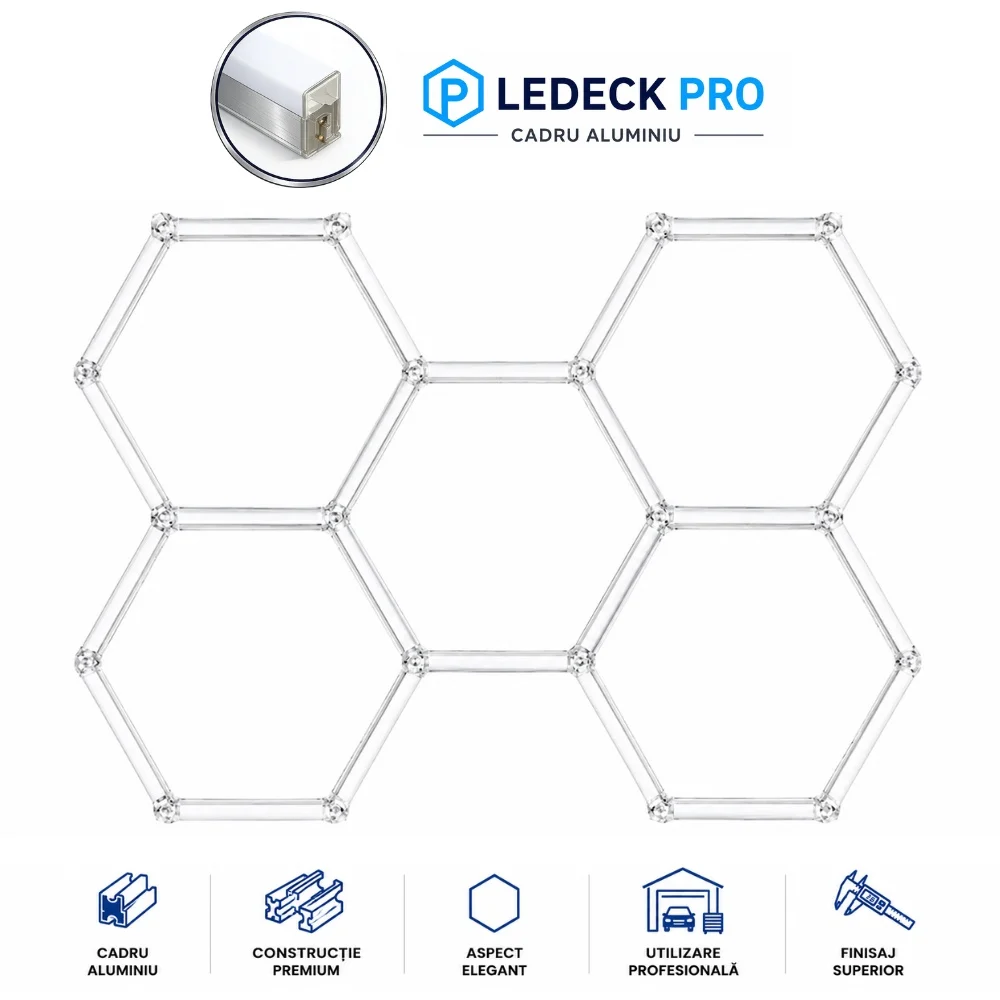 Lumini Hexagoane Modulare - Lumină LED Hexagonală Profesională Aluminiu– 5 Module 440mm 164x235CM – Service Auto, Detailing, Ateliere, Spații Comerciale