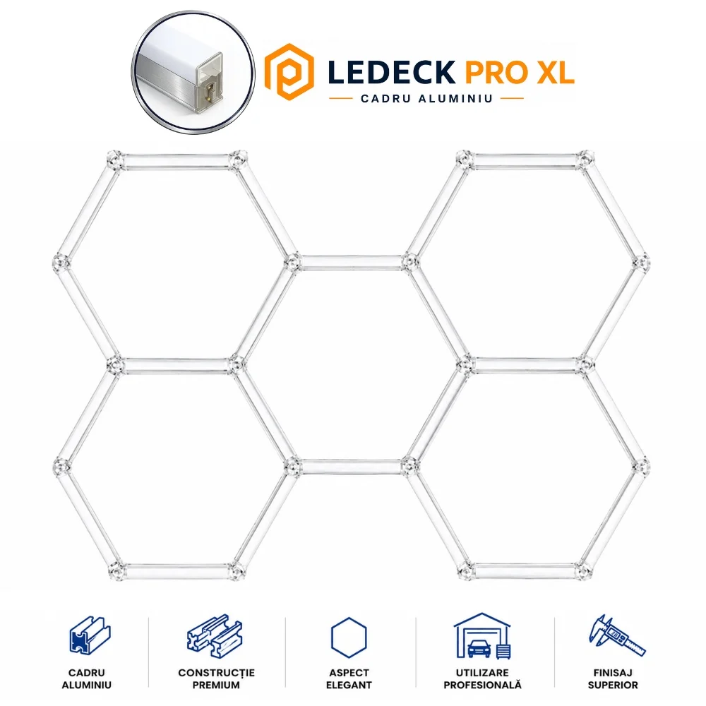Lumini Hexagoane Modulare - Lumină LED Hexagonală Profesională Aluminiu– 5 Module 568mm 210x299CM – Service Auto, Detailing, Ateliere, Spații Comerciale