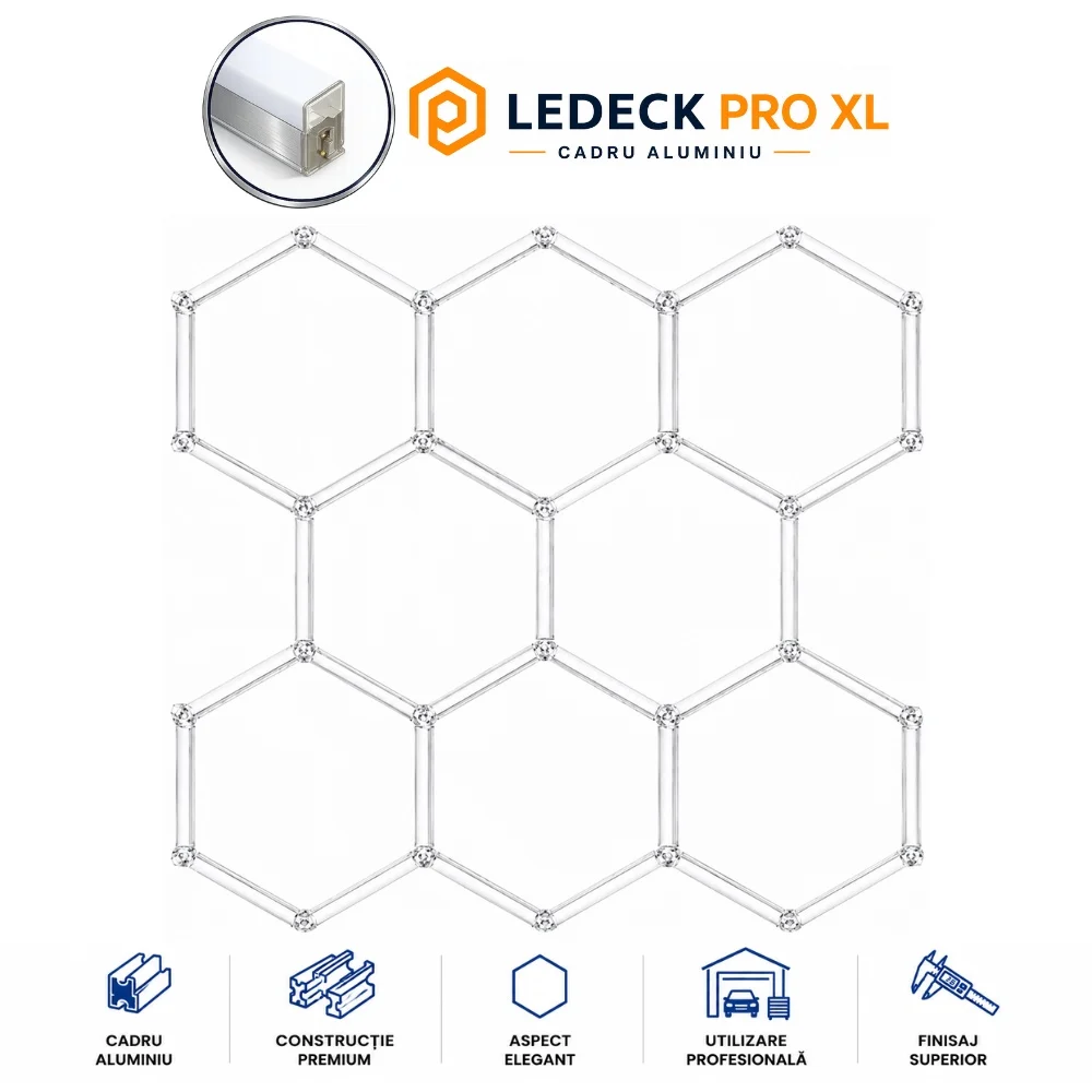 Lumini Hexagoane Modulare - Lumină LED Hexagonală Profesională Aluminiu - 8 Module 568mm 299x315CM - Service Auto, Detailing, Ateliere, Spații Comerciale
