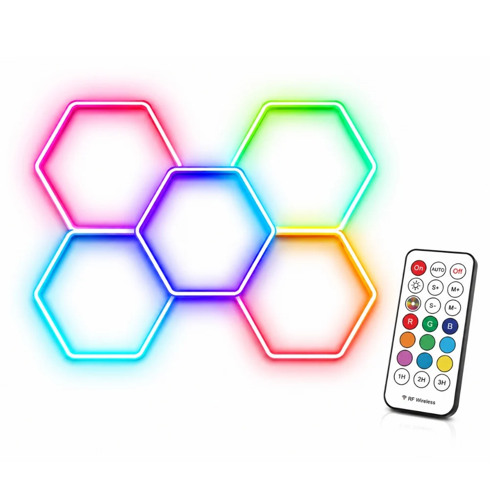 Lumini Hexagoane Modulare - Lumină LED RGB Hexagonală Profesionala Aluminiu – 5 Module 244x170CM 192W, Echivalent 1600W, Garaj, Salon, Atelier