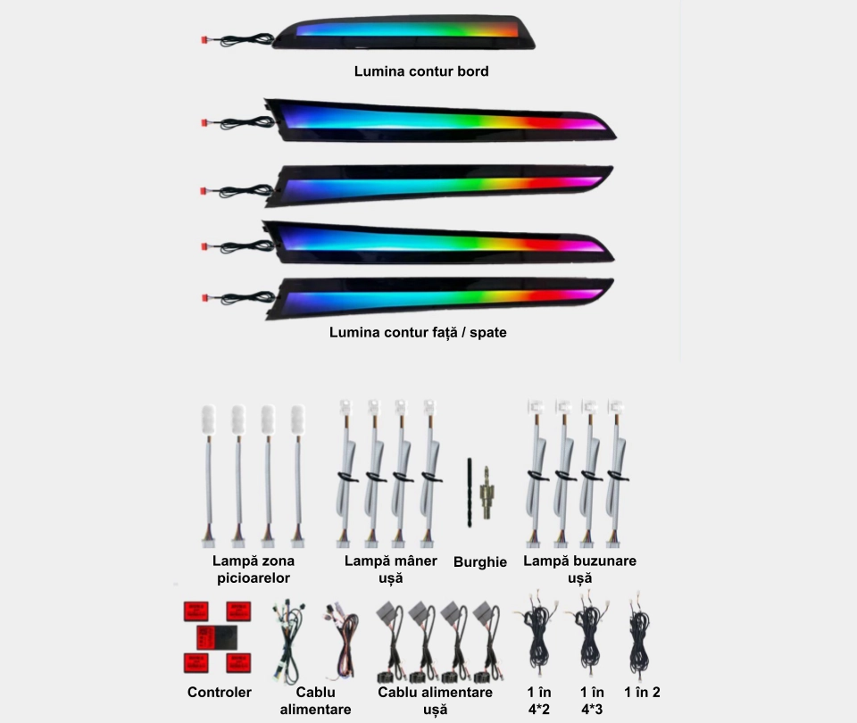 Lumini ambientale. - Lumini ambientale dedicate Audi A5 8T 2008-2017, RGB Acrilice 17 in 1 Dinamice cu efect symphony, Control din Aplicatie Bluetooth / Buton