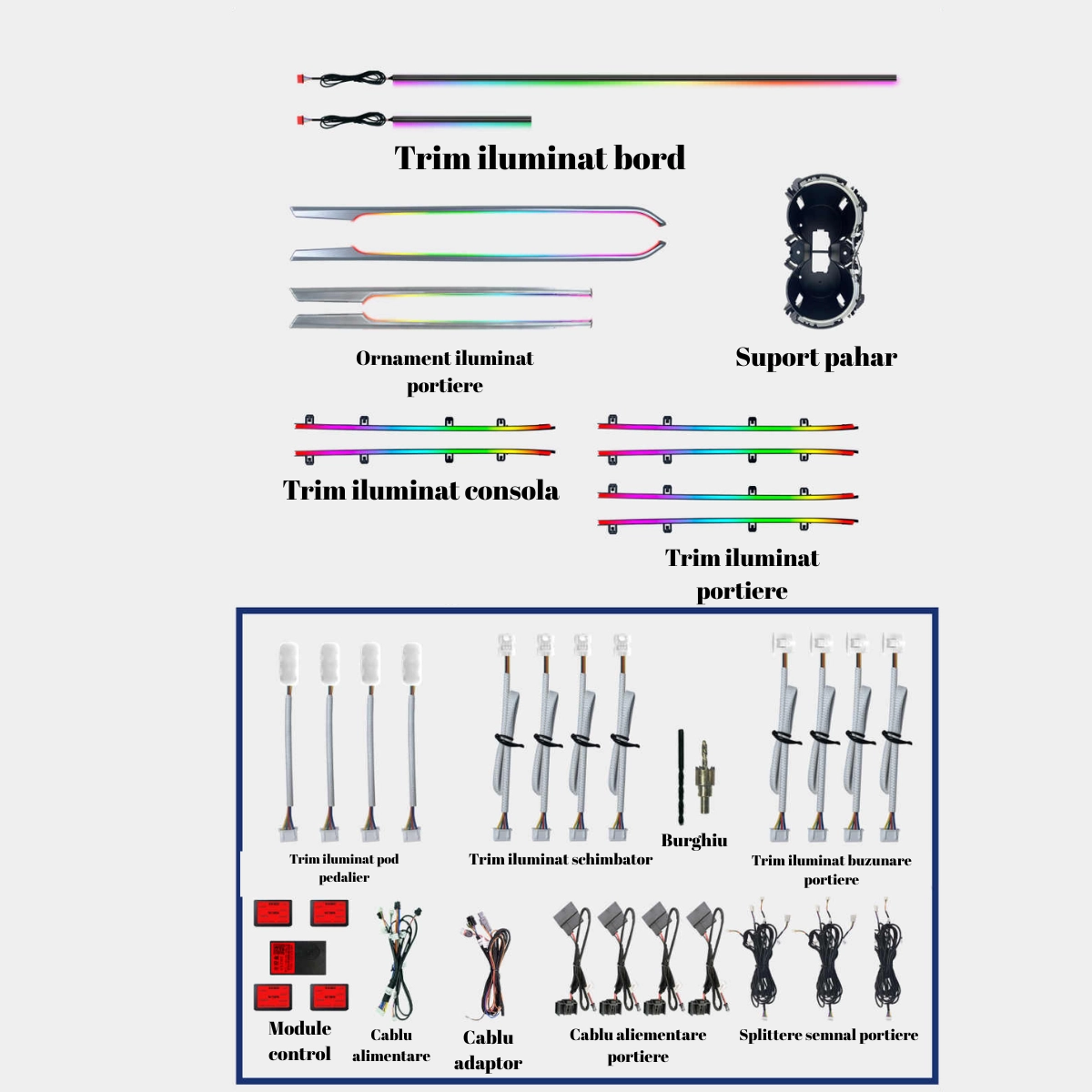 Audi - Lumini ambientale dedicate Audi A5 F5 2016-2023, RGB Acrilice 26 in 1 Dinamice cu efect symphony, Control din Aplicatie Bluetooth
