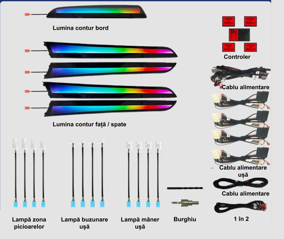 Lumini ambientale. - Lumini ambientale dedicate Audi Q5 8R 2008-2017, RGB Acrilice 18 in 1 Dinamice cu efect symphony, Control din Aplicatie Bluetooth / Buton