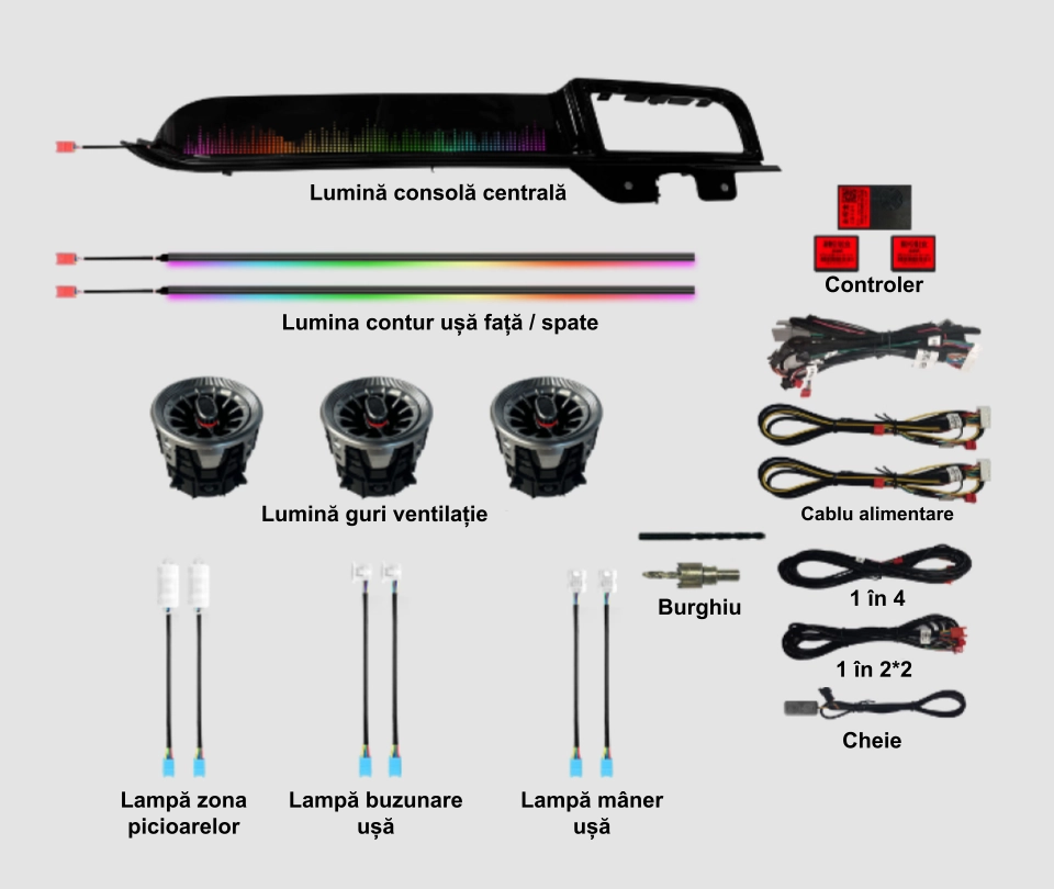 Ford - Lumini ambientale dedicate Ford Mustang 6 2015-2023, RGB Acrilice 12 in 1 Dinamice cu efect symphony, Control din Aplicatie Bluetooth / Buton