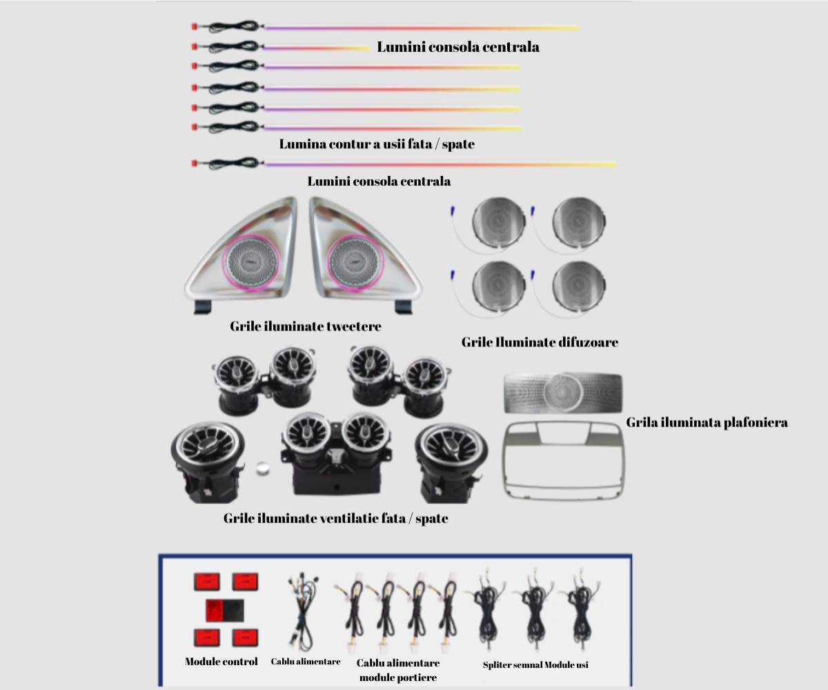Mercedes Benz - Lumini ambientale dedicate Mercedes-Benz E CLASS W213 2017-2023, RGB Acrilice 21 in 1 Dinamice cu efect symphony, Control din Aplicatie Bluetooth