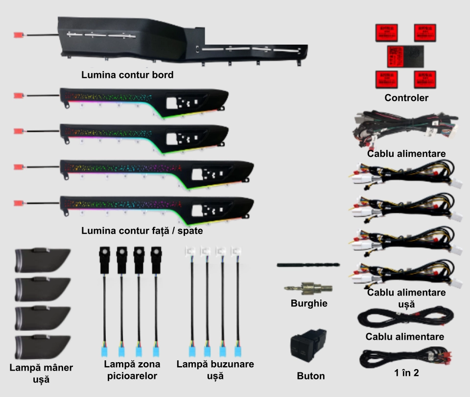 Lumini ambientale. - Lumini ambientale dedicate Toyota Highlander 4 2019-2021, RGB Acrilice 17 in 1 Dinamice cu efect symphony, Control din Aplicatie Bluetooth / Buton