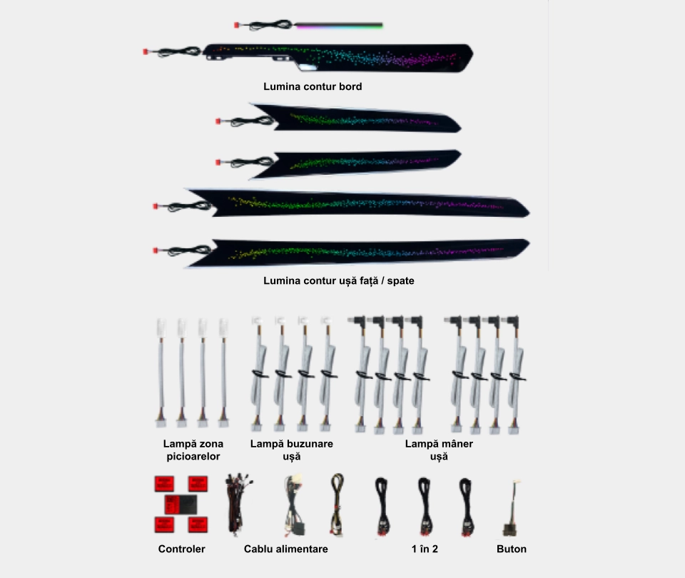 Volkswagen - Lumini ambientale dedicate Volkswagen Tiguan 2 2016-2023, RGB Acrilice 20 in 1 Dinamice cu efect symphony, Control din Aplicatie Bluetooth / Buton